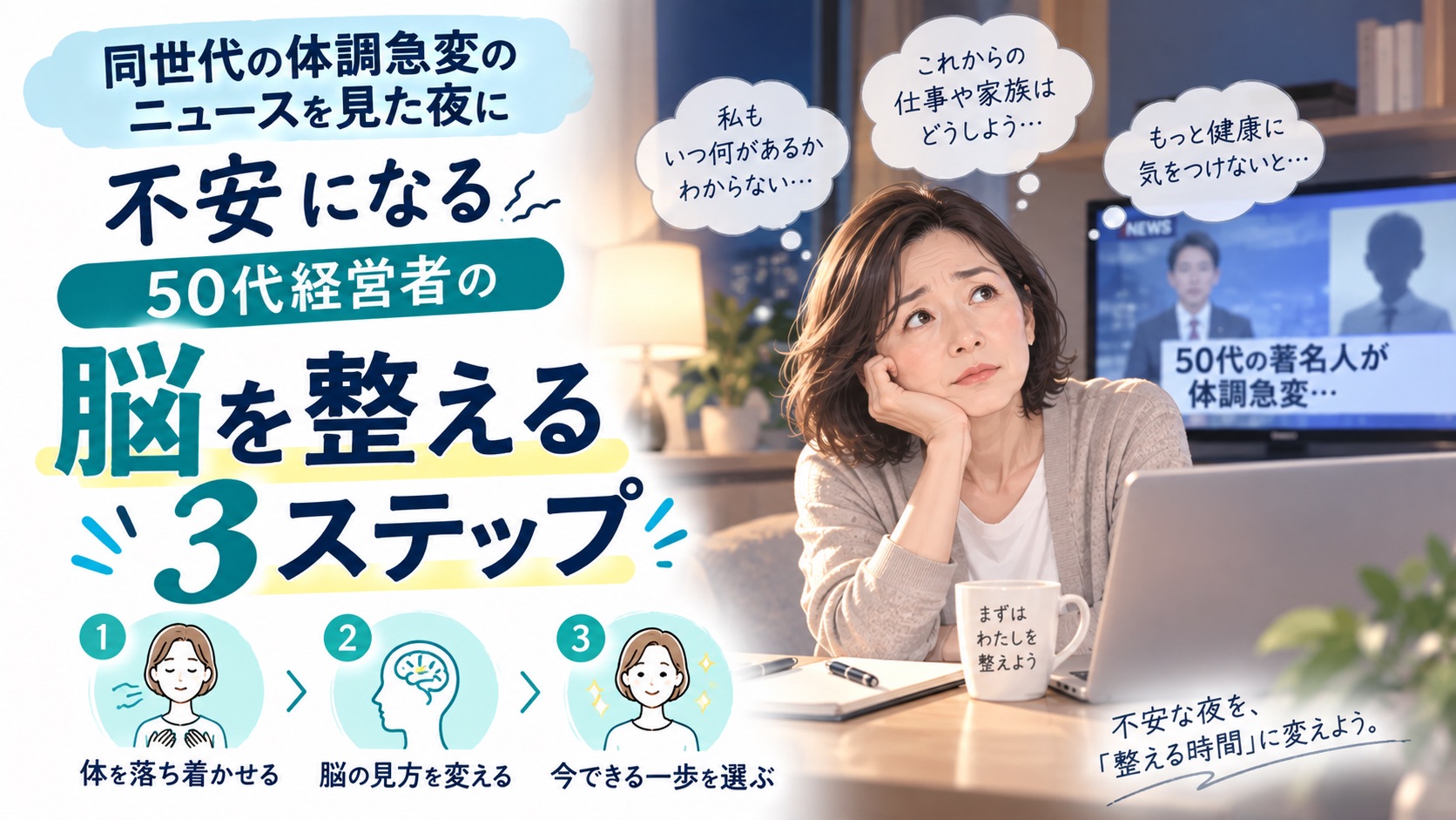 同世代の体調急変のニュースを見た夜に不安になる50代経営者の脳を整える3ステップ