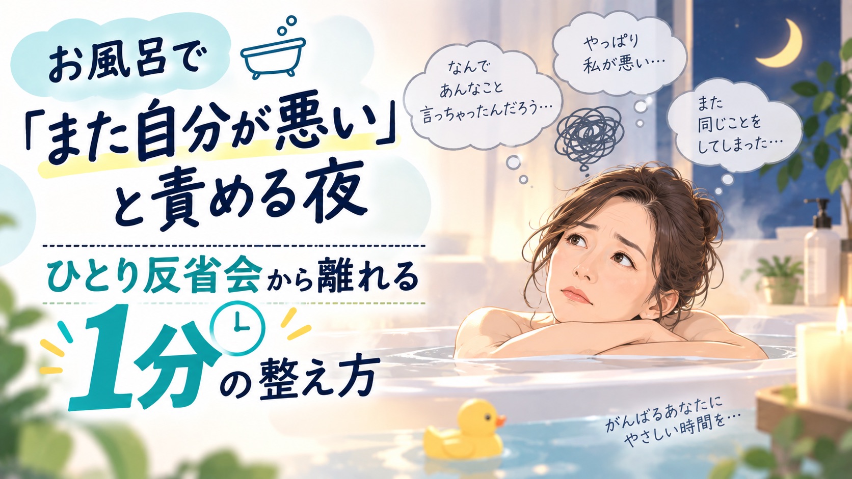お風呂で「また自分が悪い」と責める夜|ひとり反省会から離れる1分の整え方