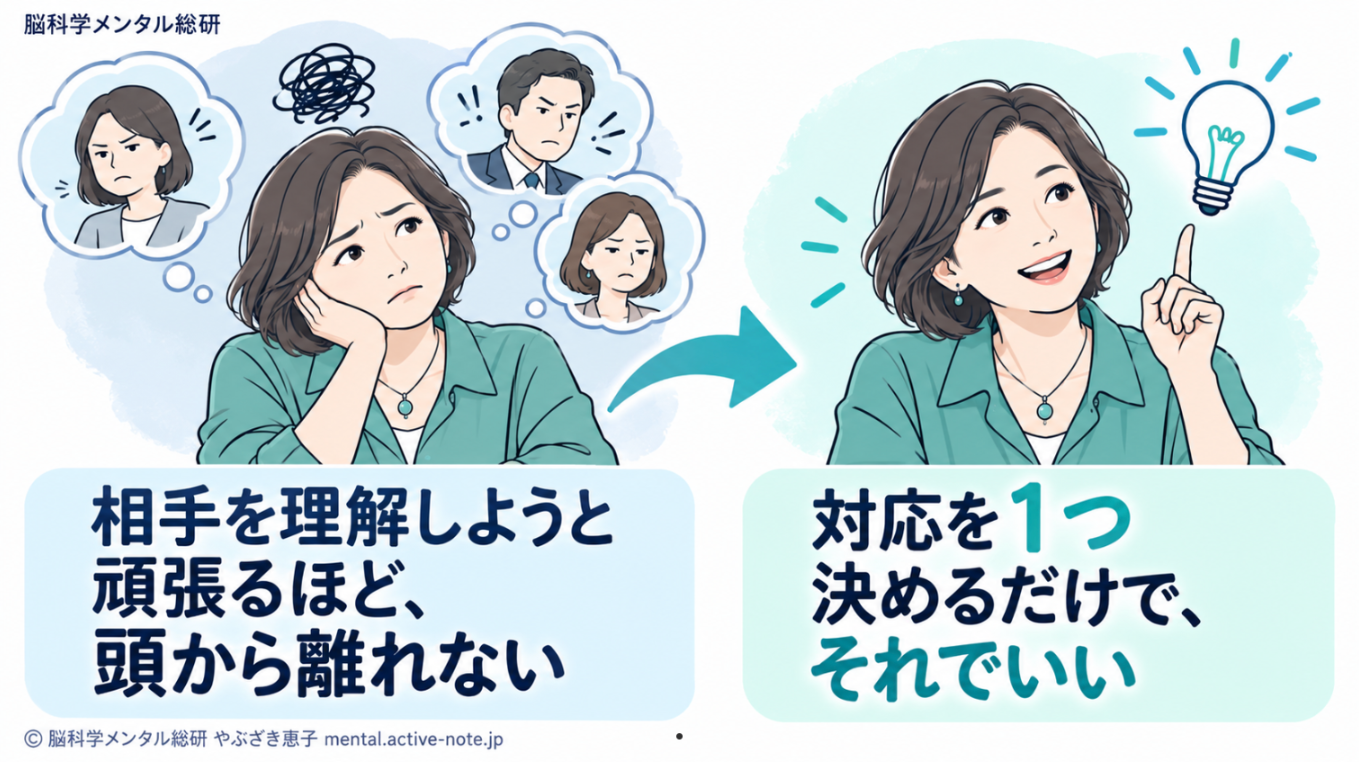 相手を理解しようと頑張るほど頭から離れない状態から、対応を1つ決めるだけでいい状態への変化を示す図解