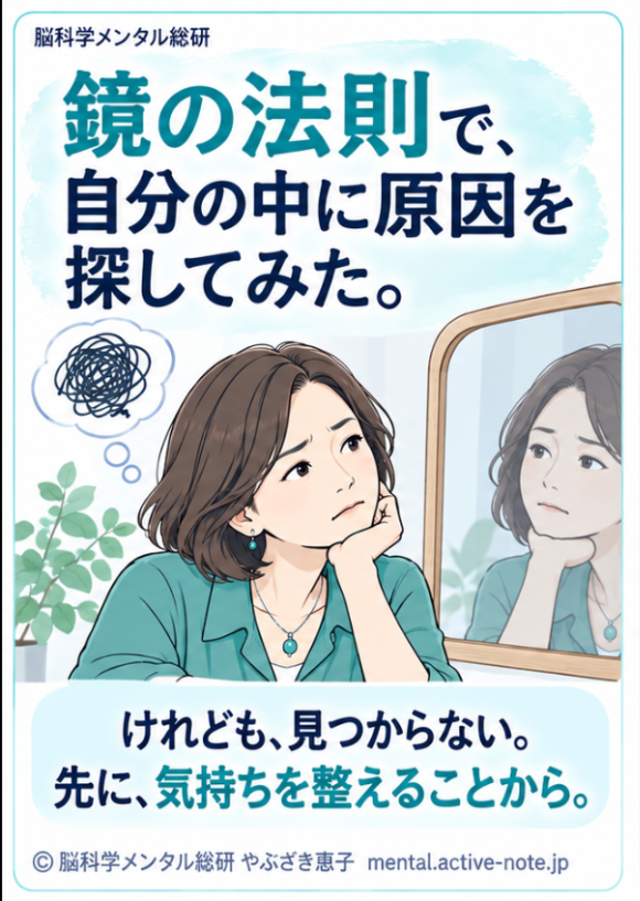 鏡の法則で自分の中に原因を探しても見つからない、先に気持ちを整えることの大切さを示す図解